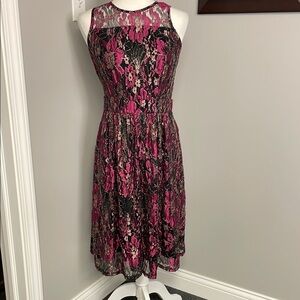 Alexa Admor Pink Black Floral Lace Dress Knee Length Party Cocktail Size Small